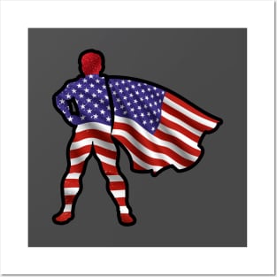 Hero of American Wearing Cape of United States Flag Representing Brave and Hope Posters and Art